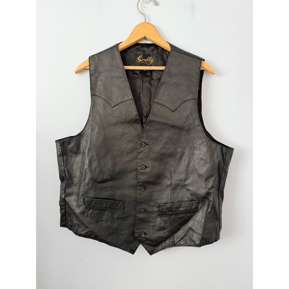 Scully Black Leather Western Vest Button Front Size 44 Made Hong Kong